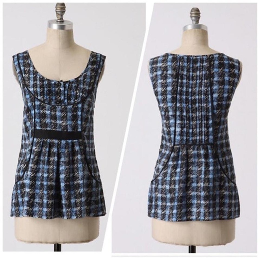 Odille Anthro Blue Black Silk Tank Blouse Size 2